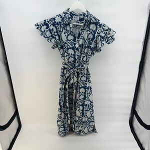 NWOT Holly Shae Midi Caftan Dress with Blue, white, and gold bird floral motif